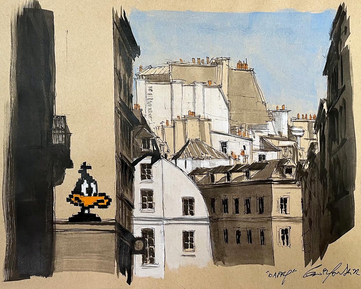 Daffy is a unique painting by contemporary artist Guillaume Chansarel. The painting is made with ink and acrylic on old book pages mounted on canvas, dimensions are 65 × 92 cm (25.6 × 36.2 in).
The artwork is signed, sold unframed and comes with a