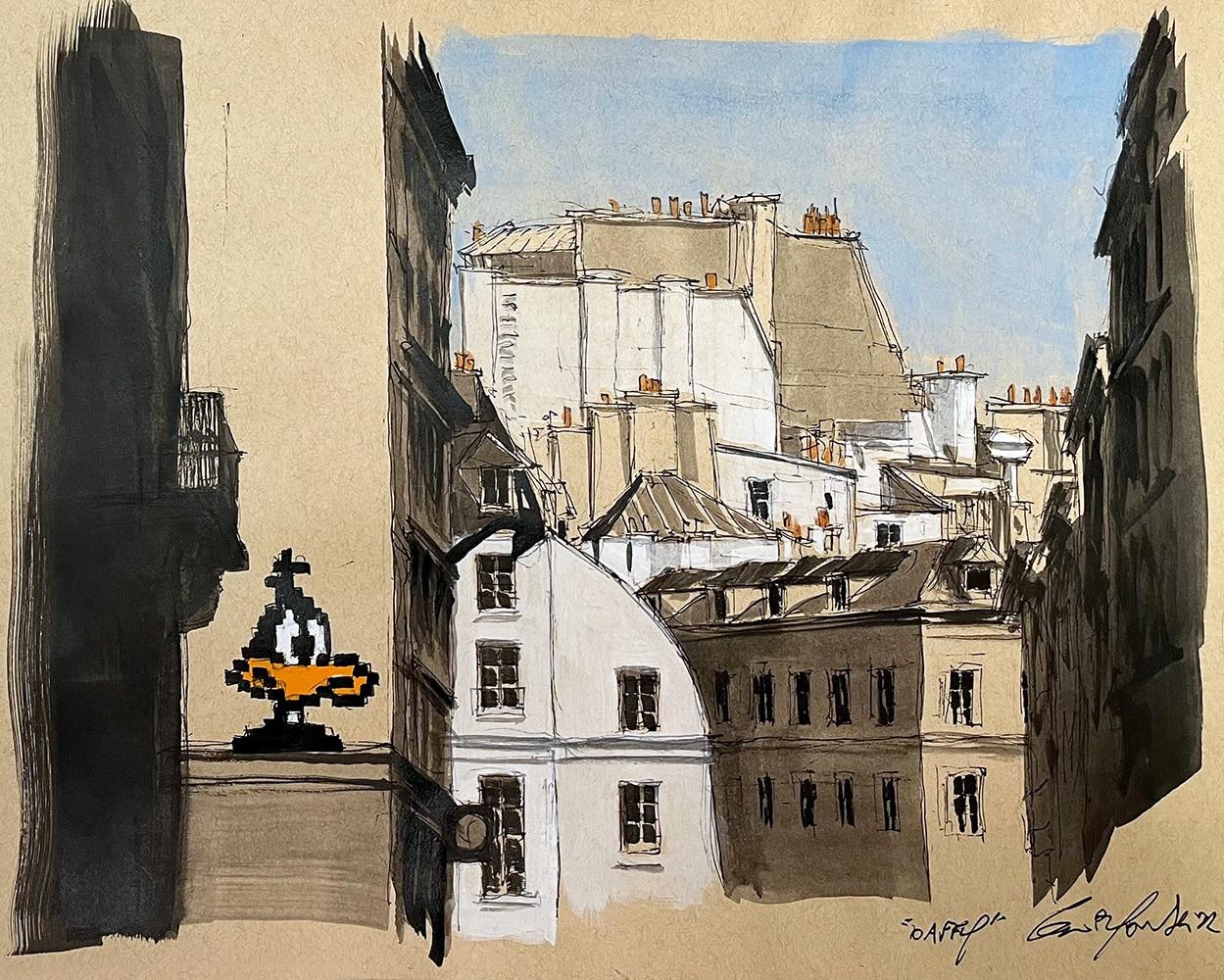 Daffy di Guillaume Chansarel - Quadro di paesaggio urbano, Parigi, edifici, papera - Landscape Painting Nero di Guillaume Chansarel (Guiyome)