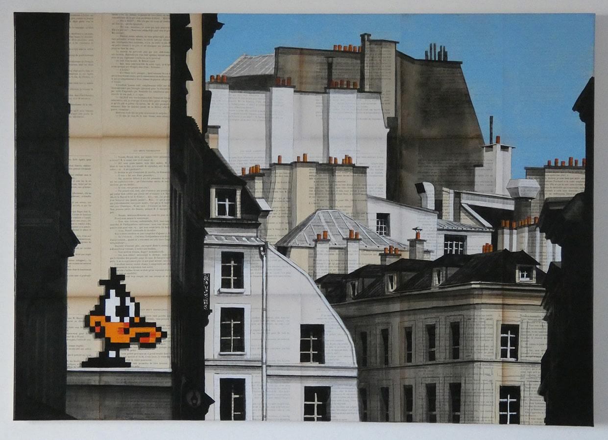 Daffy est une peinture unique de l'artiste contemporain Guillaume Chansarel. La peinture est réalisée à l'encre et à l'acrylique sur des pages de vieux livres montées sur toile. Les dimensions sont de 65 × 92 cm (25.6 × 36.2 in).
L'œuvre est signée,
