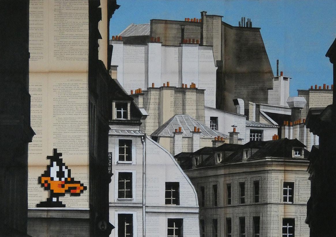 Guillaume Chansarel (Guiyome) Landscape Painting - Daffy by Guillaume Chansarel - Urban landscape painting, Paris, buildings, duck