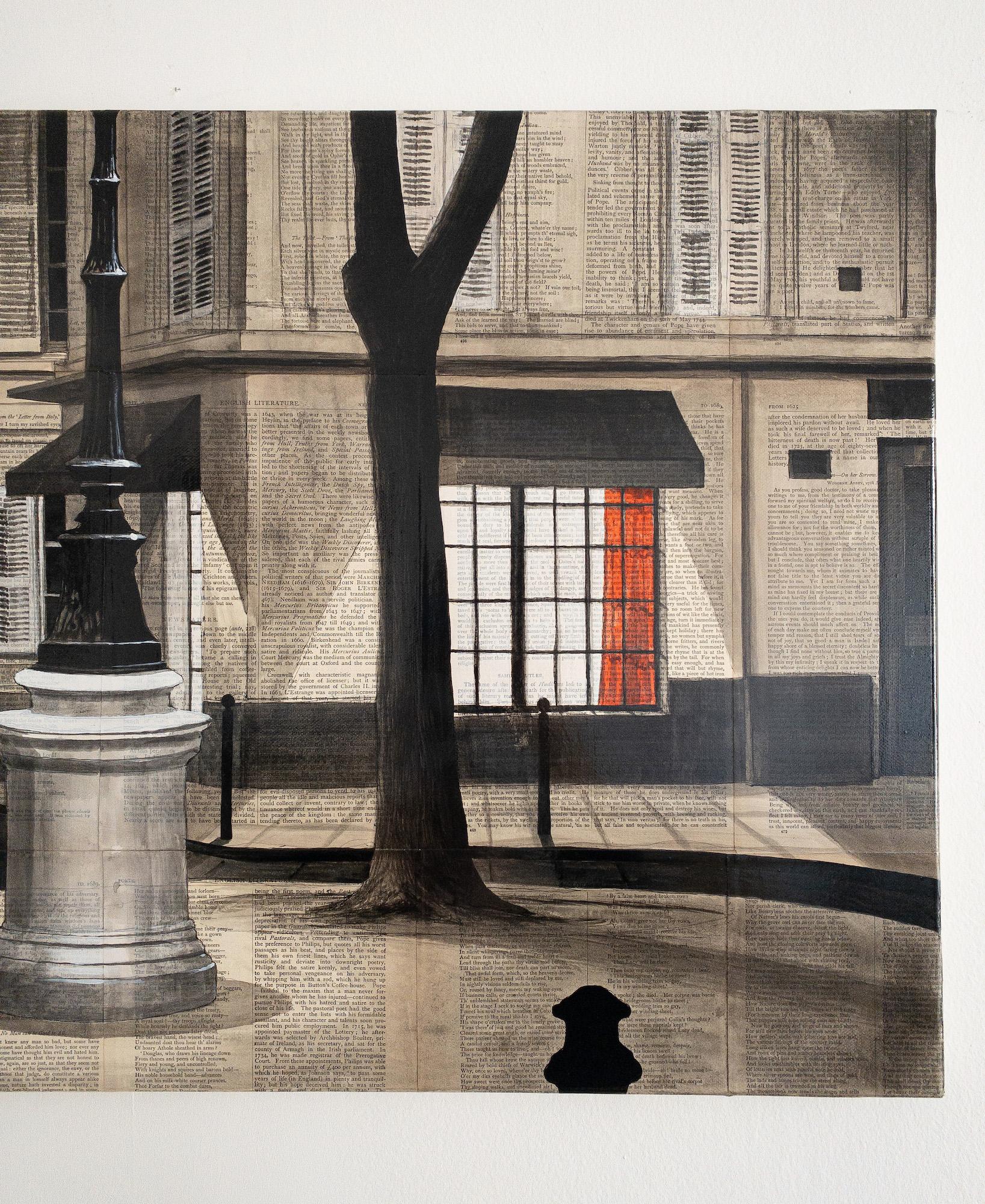 Furstemberg 2 est une peinture unique de l'artiste contemporain français Guillaume Chansarel. La peinture est réalisée à l'encre et à l'acrylique sur des pages de vieux livres montées sur toile. Les dimensions sont de 50 × 100 cm (19.7 × 39.4 in).