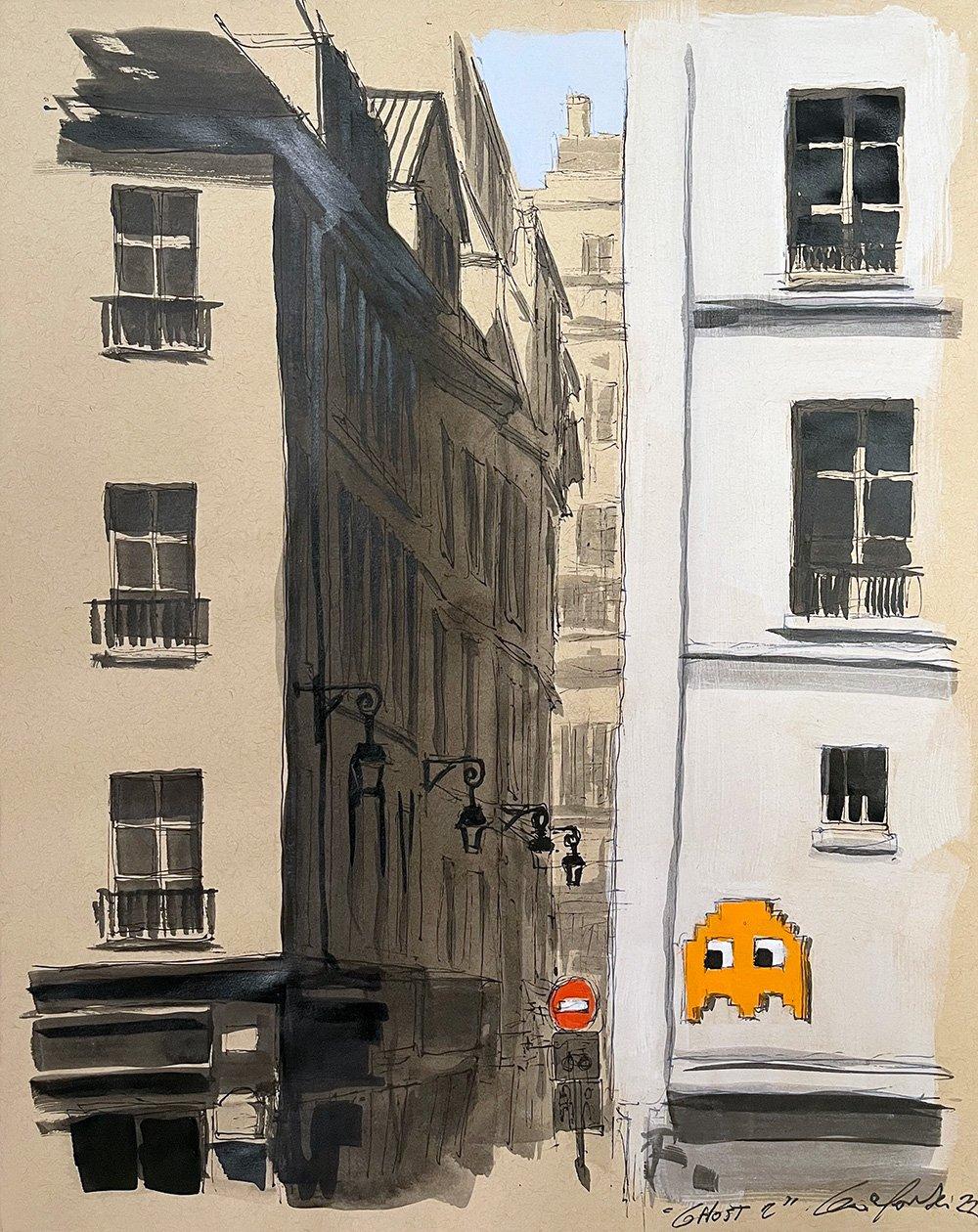 Ghost 2 von Guillaume Chansarel – Stadtlandschaftsmalerei, Paris, Gebäude (Zeitgenössisch), Painting, von Guillaume Chansarel (Guiyome)