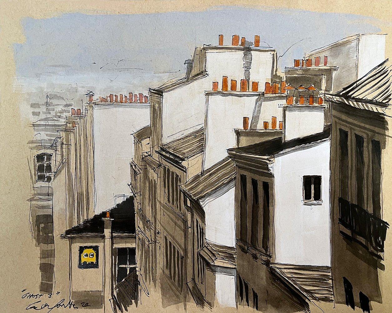 Ghost 3 by Guillaume Chansarel - Urban landscape painting, Paris, buildings - Contemporary Painting by Guillaume Chansarel (Guiyome)