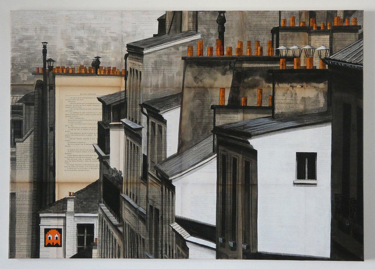 Ghost 3 by Guillaume Chansarel - Urban landscape painting, Paris, buildings - Black Landscape Painting by Guillaume Chansarel (Guiyome)