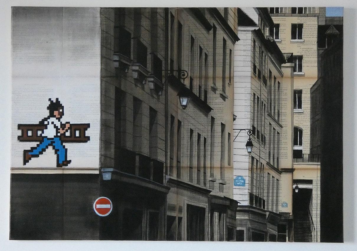 Escalera de Guillaume Chansarel - Pintura paisaje urbano, París, edificios, hombre - Painting de Guillaume Chansarel (Guiyome)