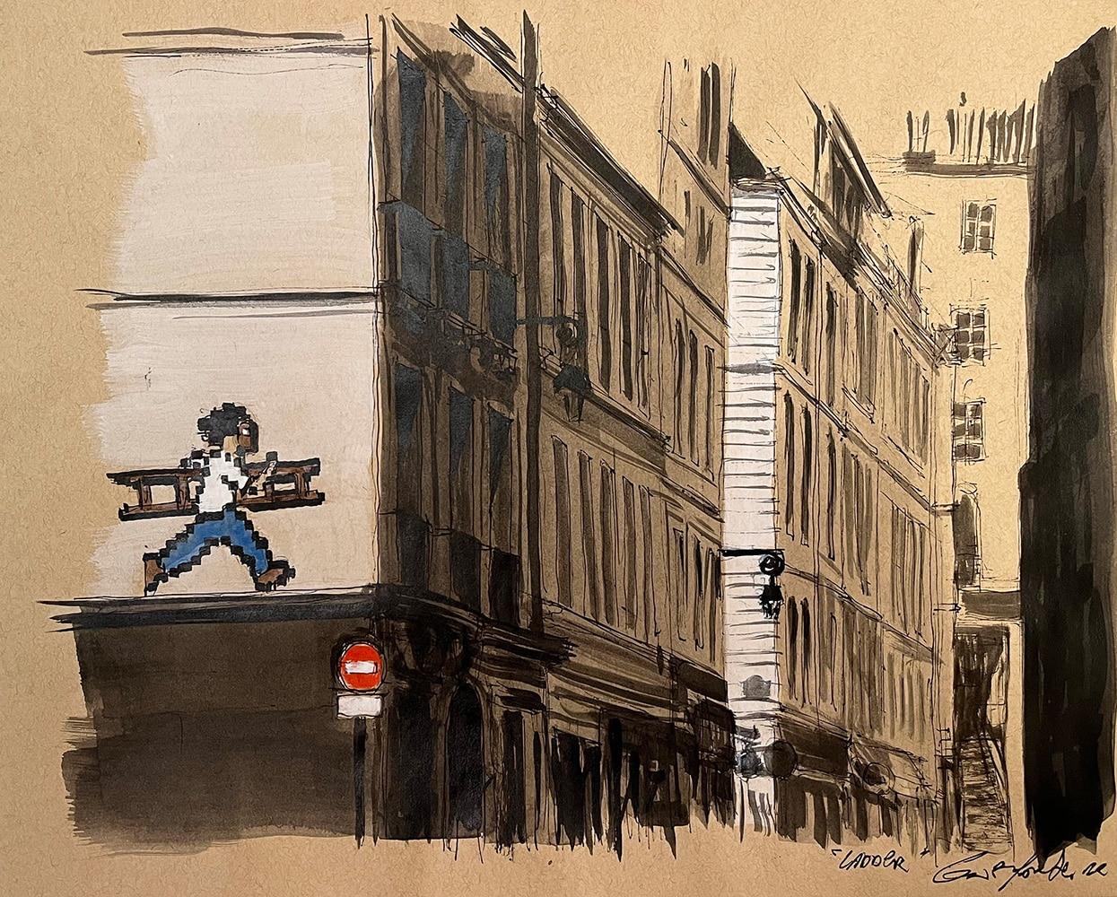 Leiter von Guillaume Chansarel – Stadtlandschaftsmalerei, Paris, Gebäude, Mensch (Schwarz), Landscape Painting, von Guillaume Chansarel (Guiyome)