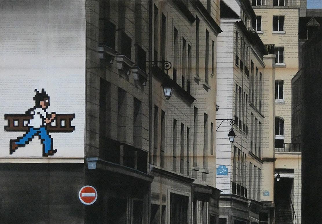 Landscape Painting de Guillaume Chansarel (Guiyome) - Escalera de Guillaume Chansarel - Pintura paisaje urbano, París, edificios, hombre