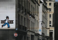 Ladder by Guillaume Chansarel - Urban landscape painting, Paris, buildings, man