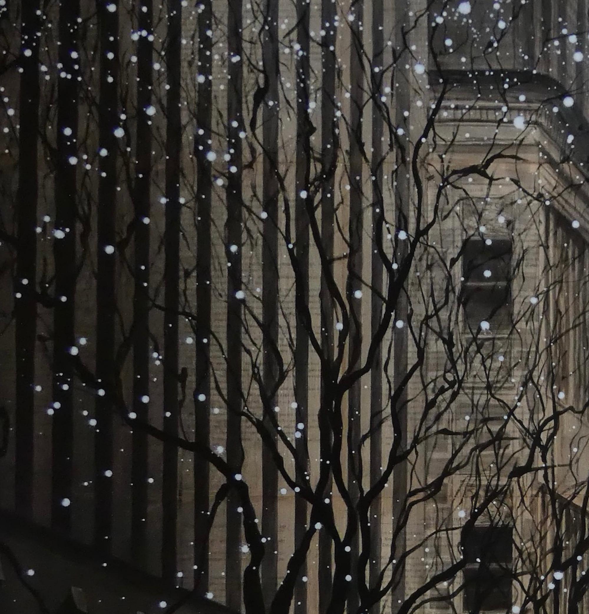 March by Guillaume Chansarel - Peinture de paysage urbain, New York, neige de printemps - Noir Landscape Painting par Guillaume Chansarel (Guiyome)