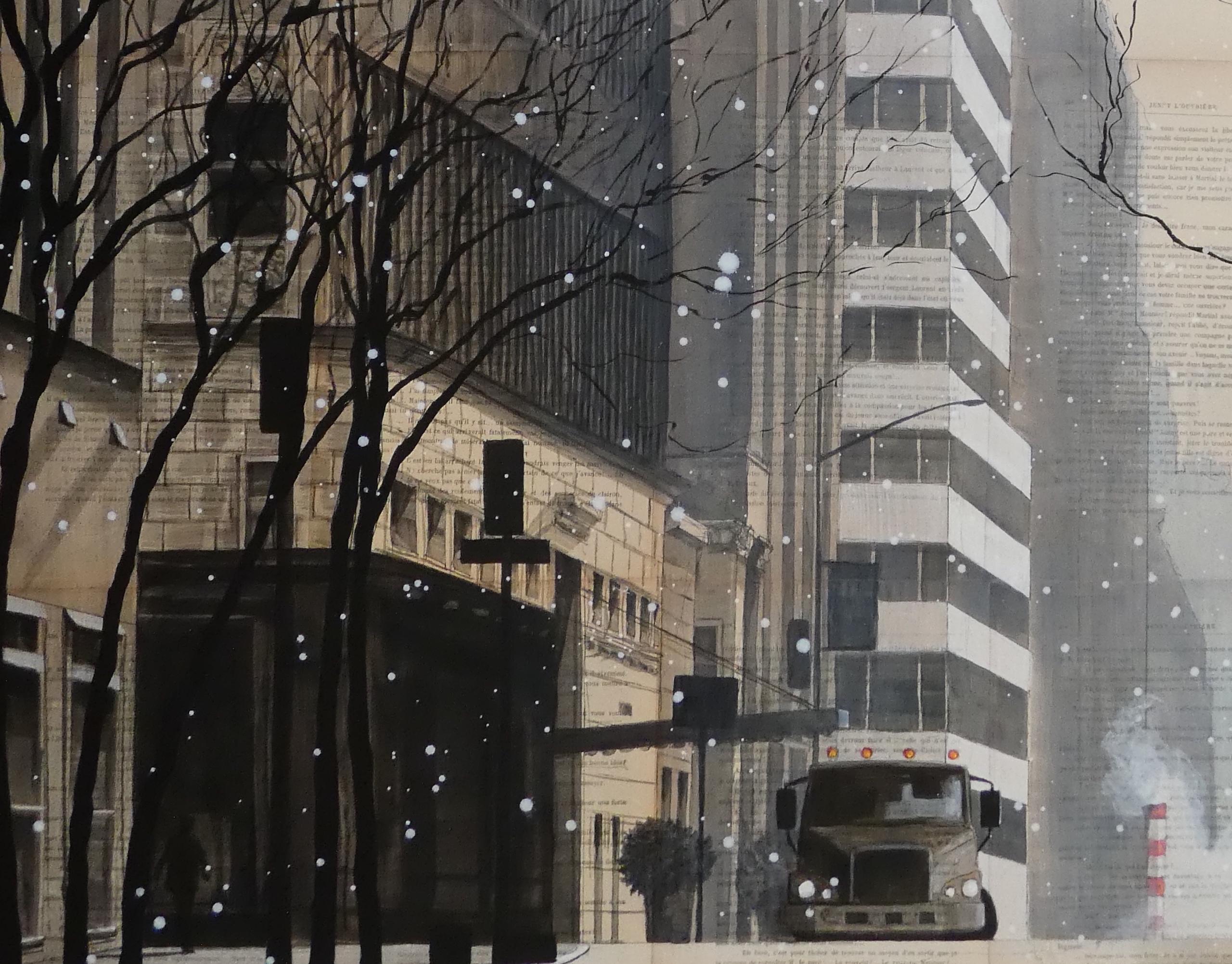 March by Guillaume Chansarel - Peinture de paysage urbain, New York, neige de printemps en vente 1