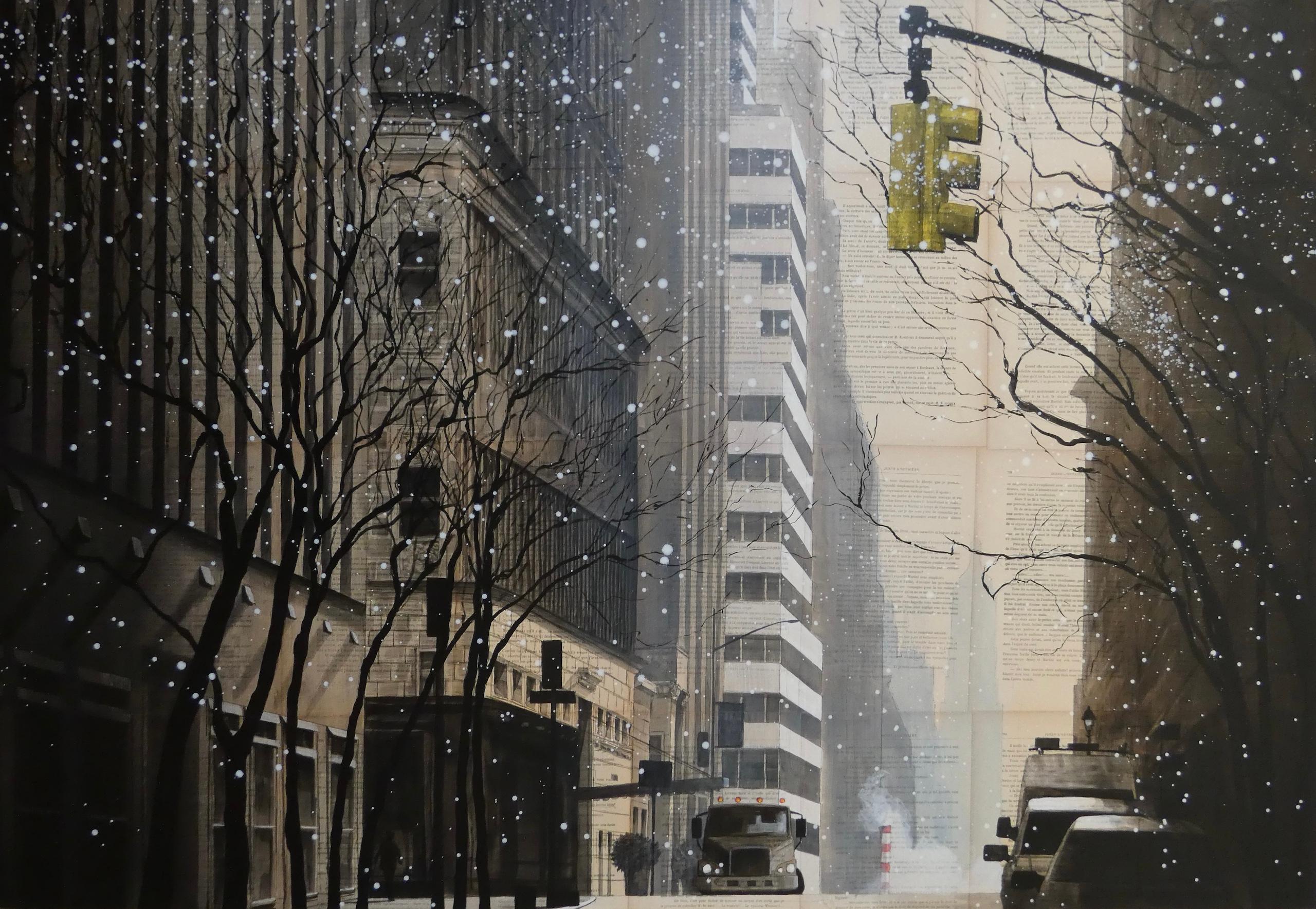 March by Guillaume Chansarel - Urban landscape painting, New York, spring snow