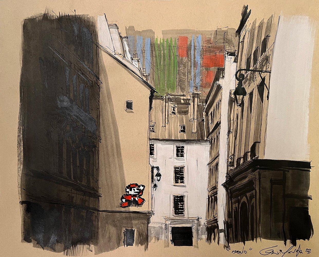 Mario by Guillaume Chansarel - Urban landscape painting, Paris, buildings, game - Painting by Guillaume Chansarel (Guiyome)