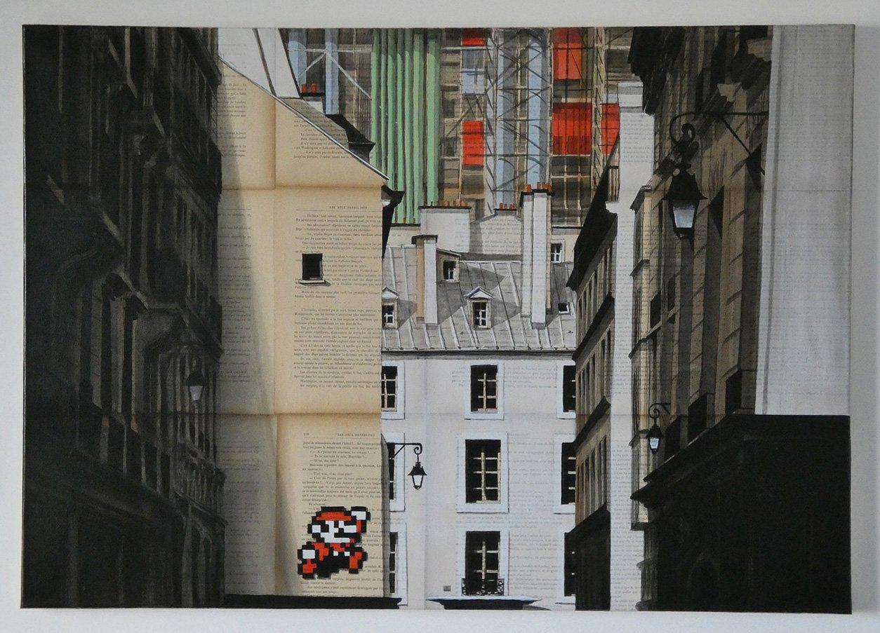 Mario by Guillaume Chansarel - Urban landscape painting, Paris, buildings, game - Contemporary Painting by Guillaume Chansarel (Guiyome)