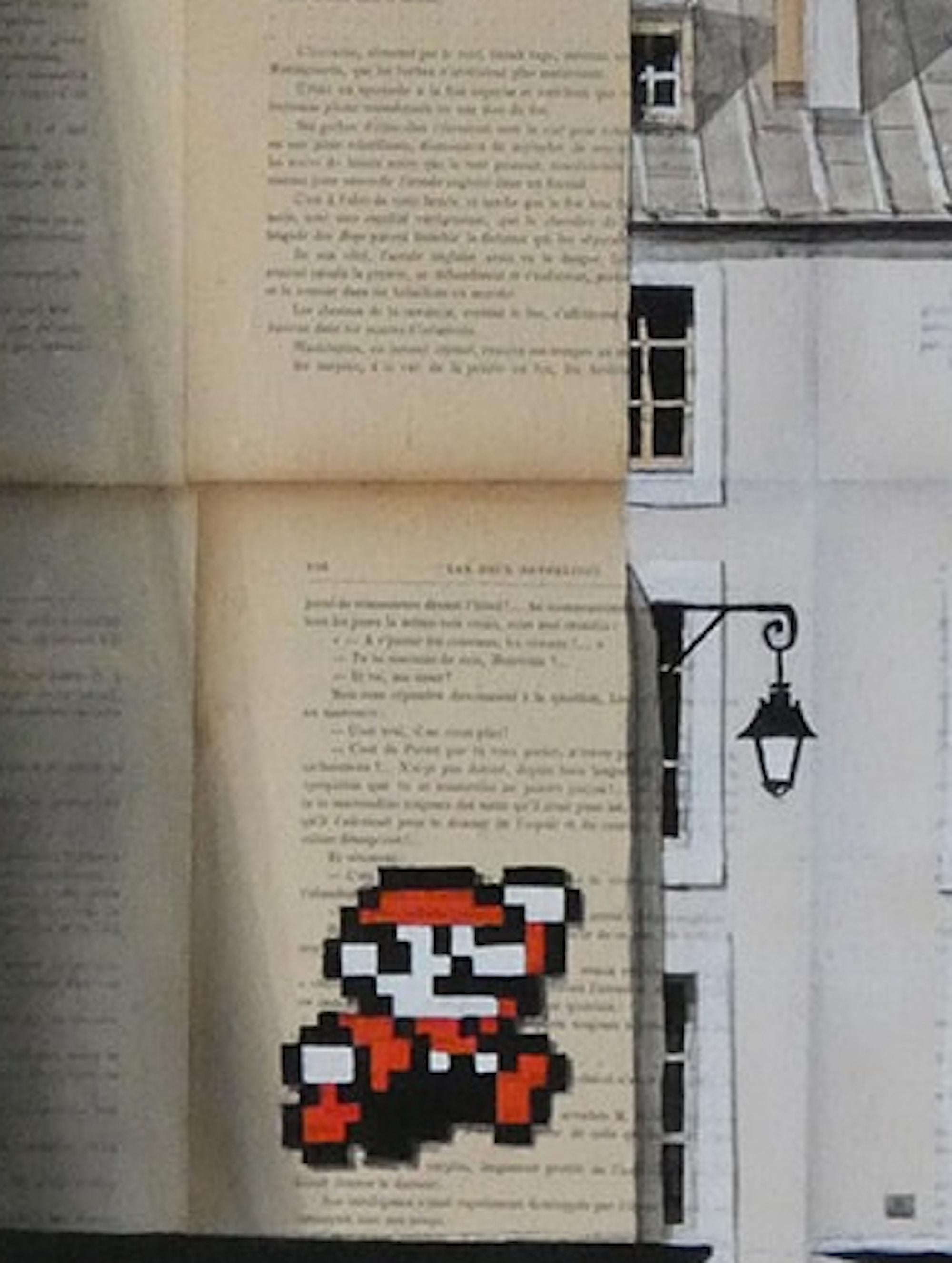 Mario ist ein einzigartiges Gemälde des zeitgenössischen Künstlers Guillaume Chansarel. Das Gemälde wurde mit Tusche und Acryl auf alten Buchseiten auf Leinwand gemalt und hat die Maße 65 × 92 cm (25,6 × 36,2 in).
Das Kunstwerk ist signiert, wird