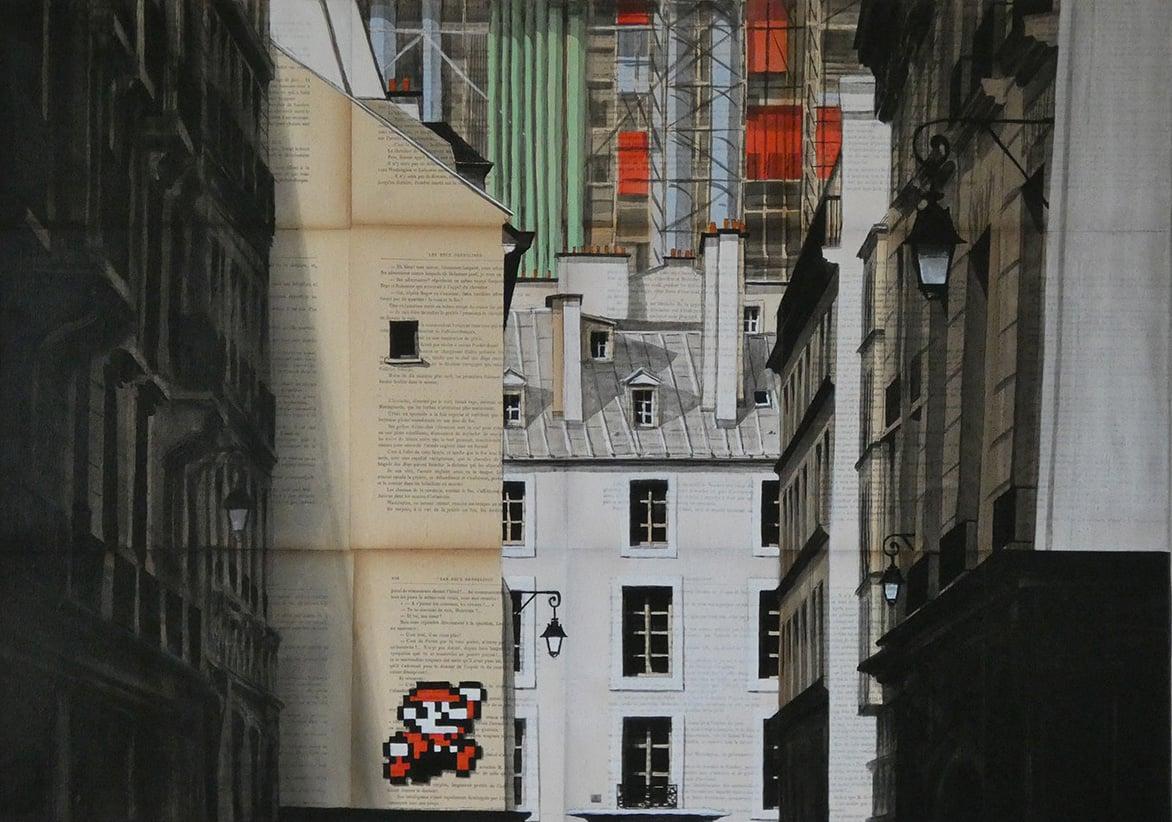Guillaume Chansarel (Guiyome) Landscape Painting - Mario by Guillaume Chansarel - Urban landscape painting, Paris, buildings, game
