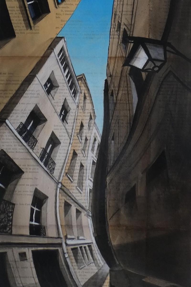 Near Aboukir is a unique painting by contemporary artist Guillaume Chansarel. The painting is made with ink and acrylic on old book pages mounted on canvas, dimensions are 100 × 30 cm (39.4 × 11.8 in).
The artwork is signed, sold unframed and comes