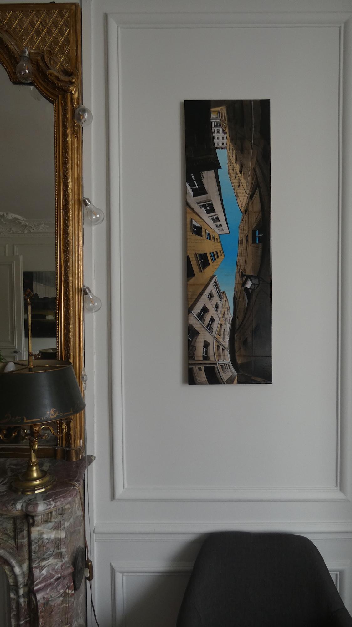 Near Aboukir par Guillaume Chansarel - Peinture de paysage urbain, Paris, rues - Bleu Landscape Painting par Guillaume Chansarel (Guiyome)