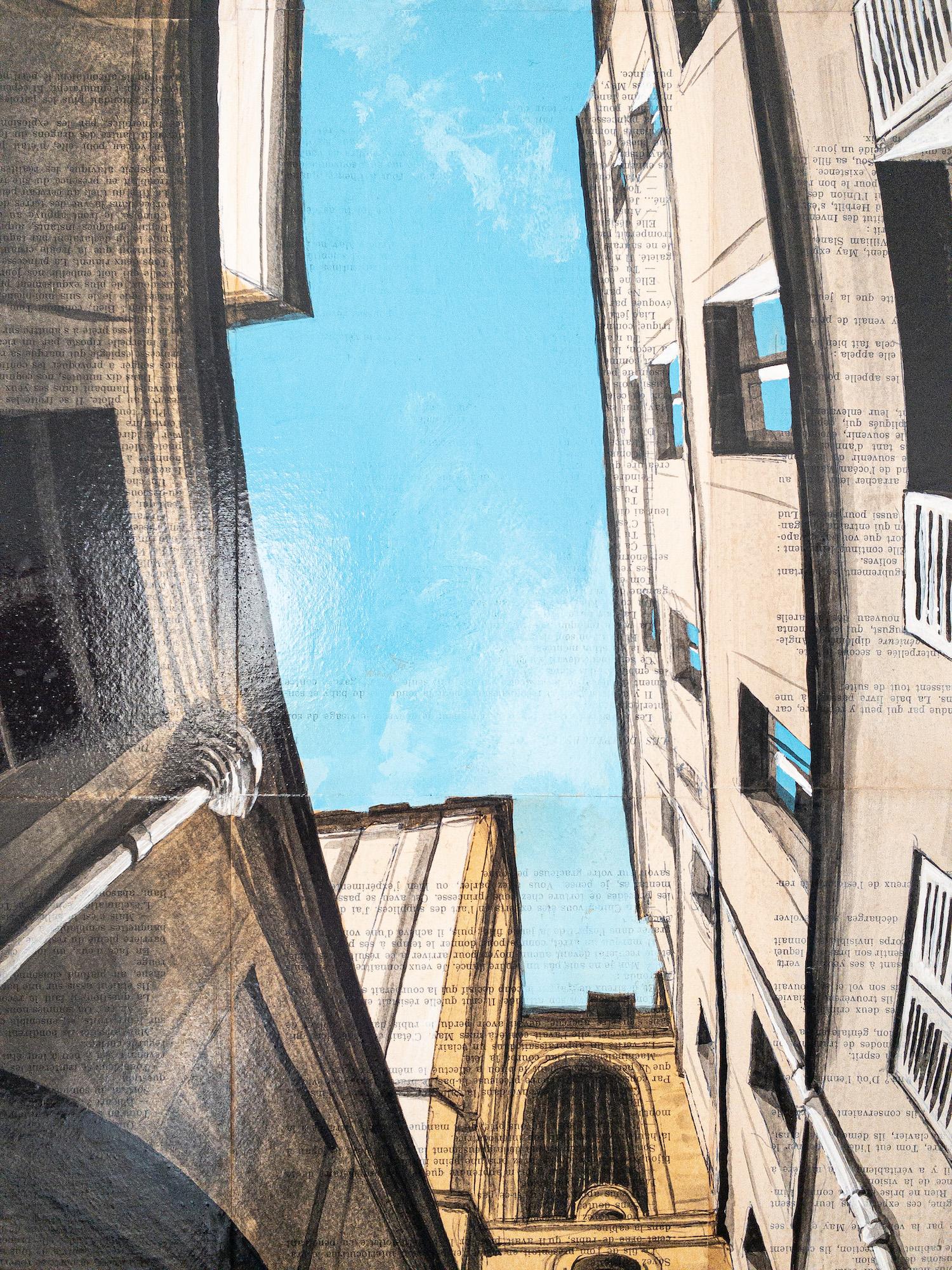 Near Charlemagne by Guillaume Chansarel - Urban landscape painting, Paris, blue en vente 5