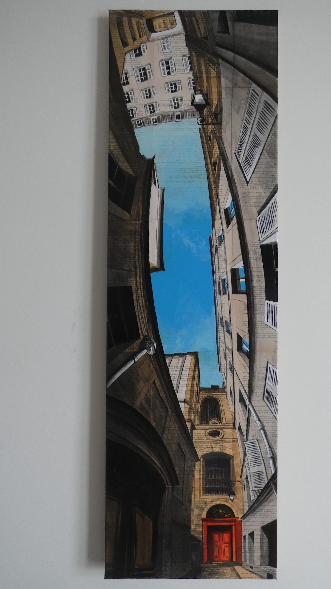 Near Charlemagne by Guillaume Chansarel - Urban landscape painting, Paris, blue en vente 7