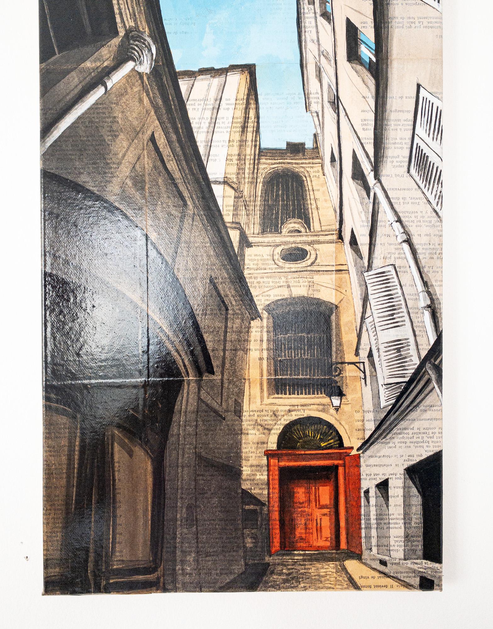 Near Charlemagne is a unique painting by contemporary artist Guillaume Chansarel. The painting is made with ink and acrylic on old book pages mounted on canvas, dimensions are 100 × 30 cm (39.4 × 11.8 in).
The artwork is signed, sold unframed and