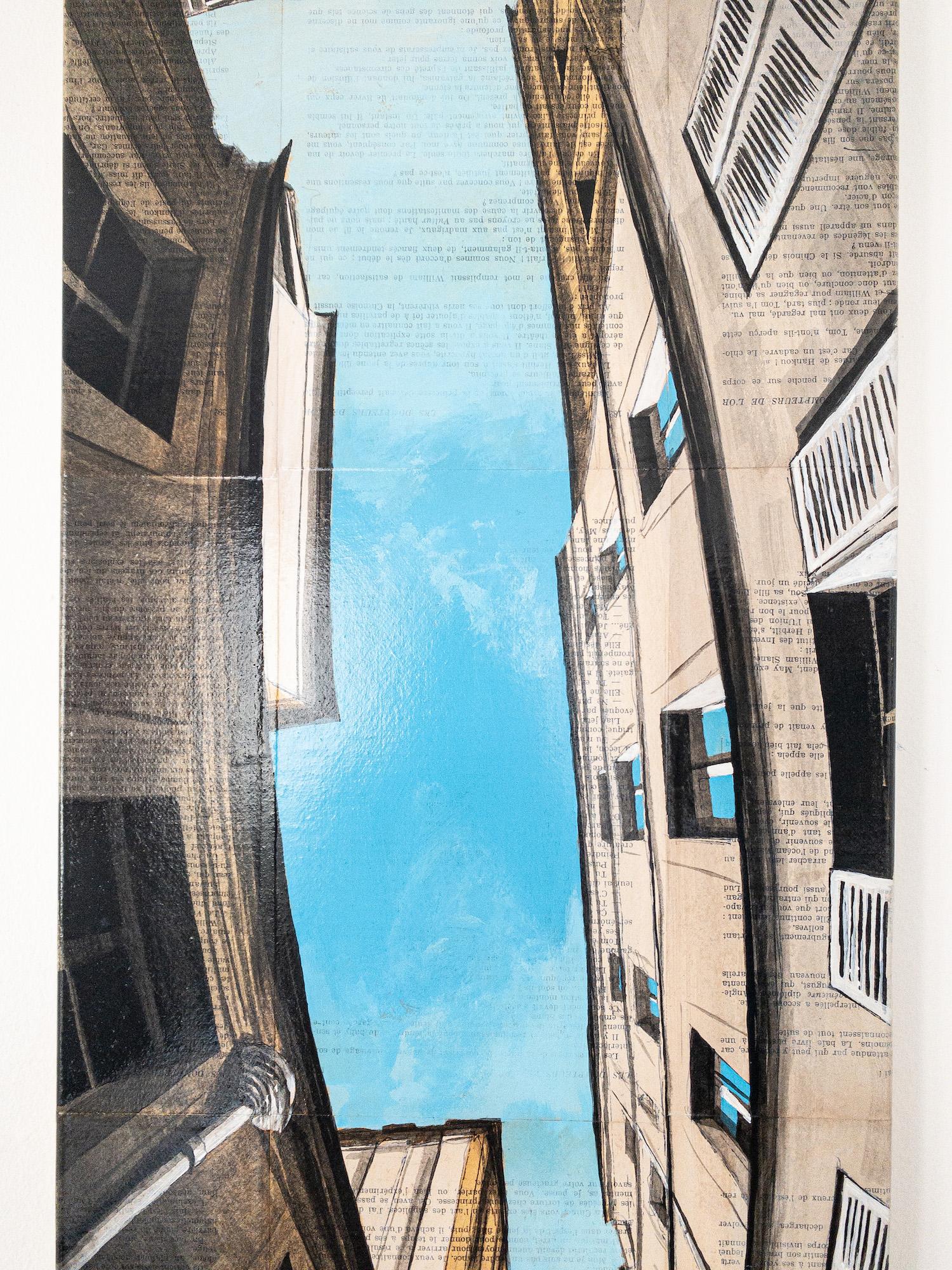 Near Charlemagne by Guillaume Chansarel - Urban landscape painting, Paris, blue en vente 1