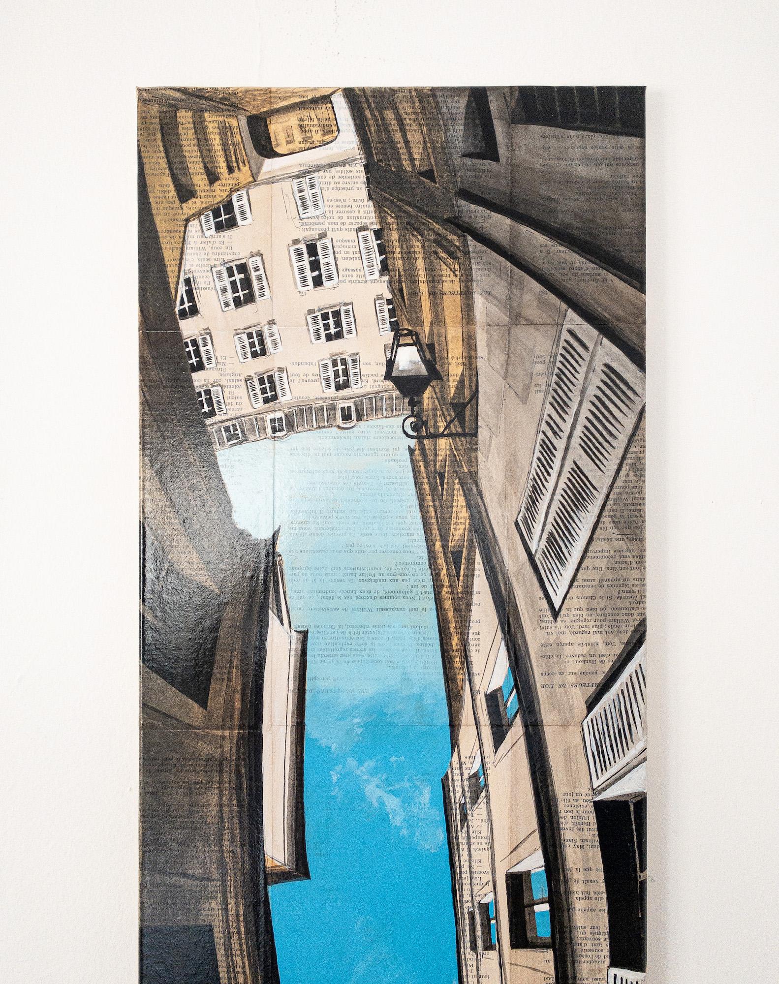 Near Charlemagne by Guillaume Chansarel - Urban landscape painting, Paris, blue en vente 2
