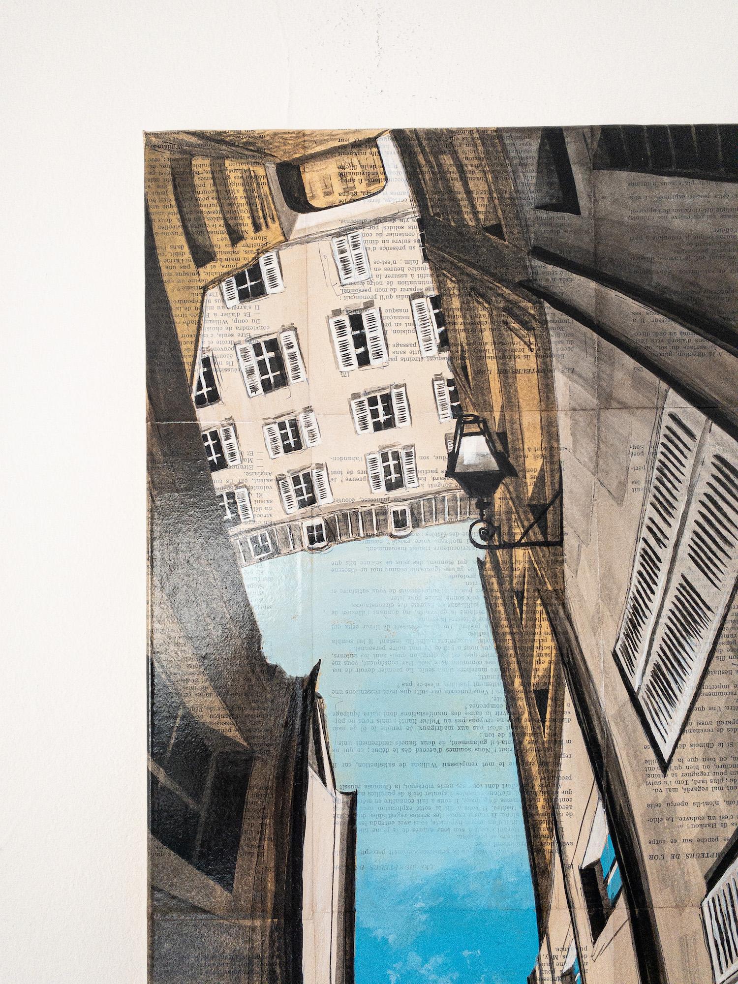 Near Charlemagne by Guillaume Chansarel - Urban landscape painting, Paris, blue en vente 3
