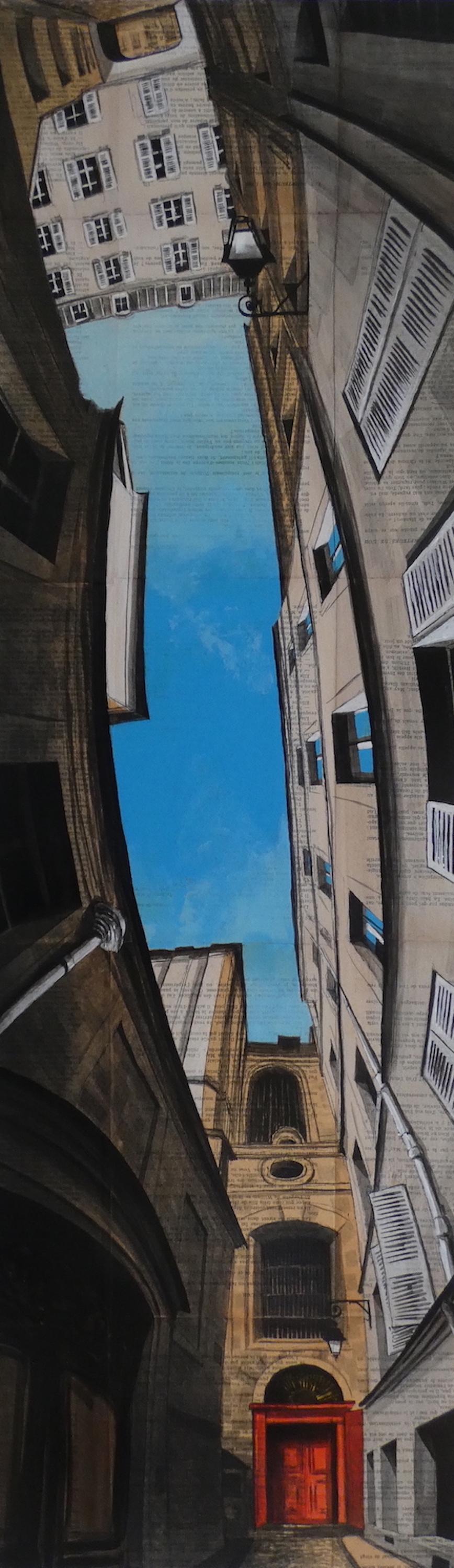 Near Charlemagne by Guillaume Chansarel - Urban landscape painting, Paris, blue