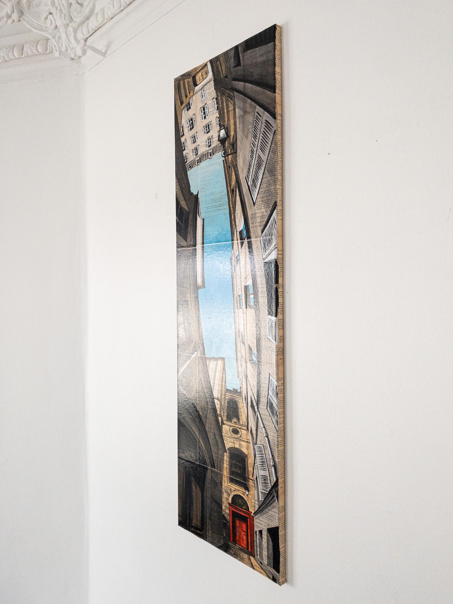 Near Charlemagne is a unique painting by contemporary artist Guillaume Chansarel. The painting is made with ink and acrylic on old book pages mounted on canvas, dimensions are 100 × 30 cm (39.4 × 11.8 in).
The artwork is signed, sold unframed and