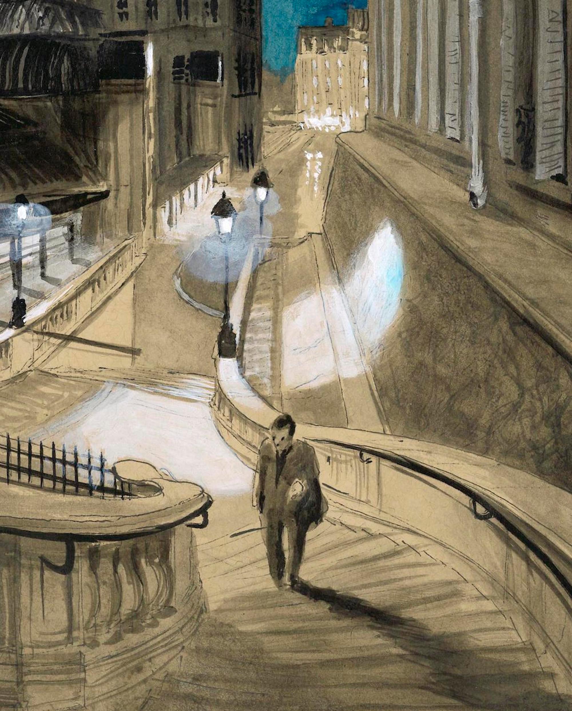 París Noche 2 by Guillaume Chansarel - Pintura paisaje urbano, París, ciudad - Figurative Art Negro de Guillaume Chansarel (Guiyome)