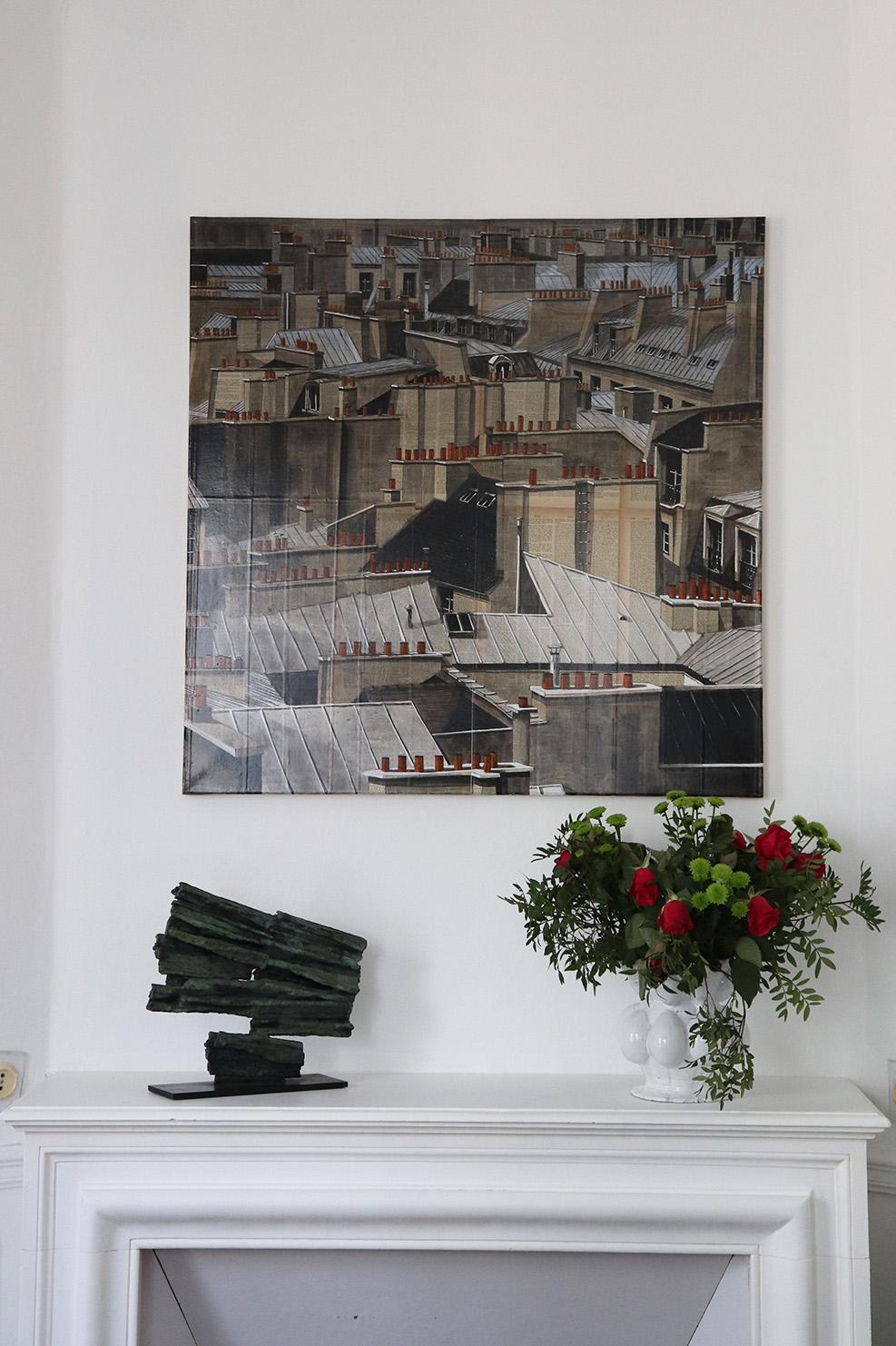 Paris Rooftops I by Guillaume Chansarel - painting on old book pages, cityscape - Painting by Guillaume Chansarel (Guiyome)