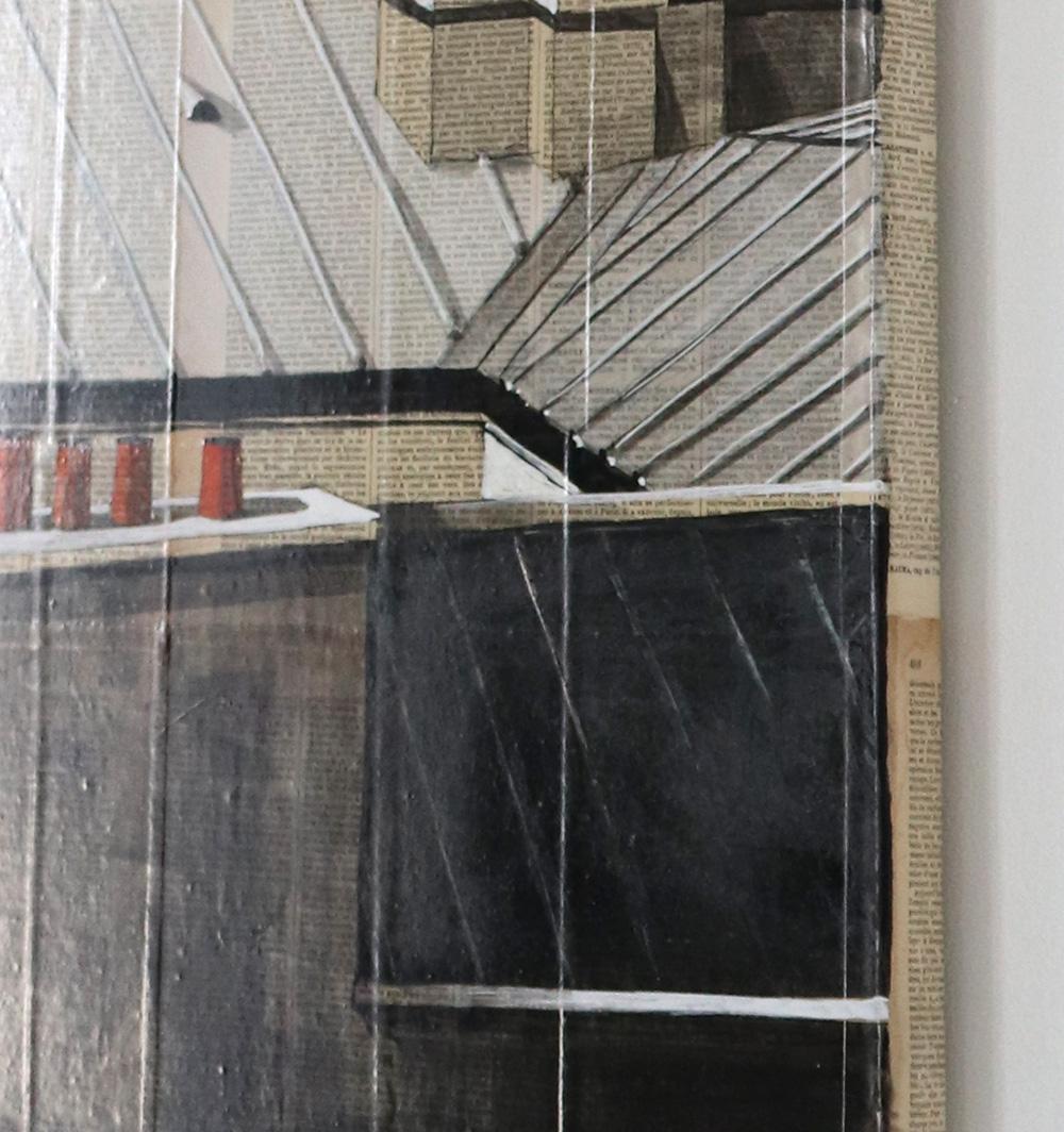 Paris Rooftops I by Guillaume Chansarel - painting on old book pages, cityscape - Gray Landscape Painting by Guillaume Chansarel (Guiyome)