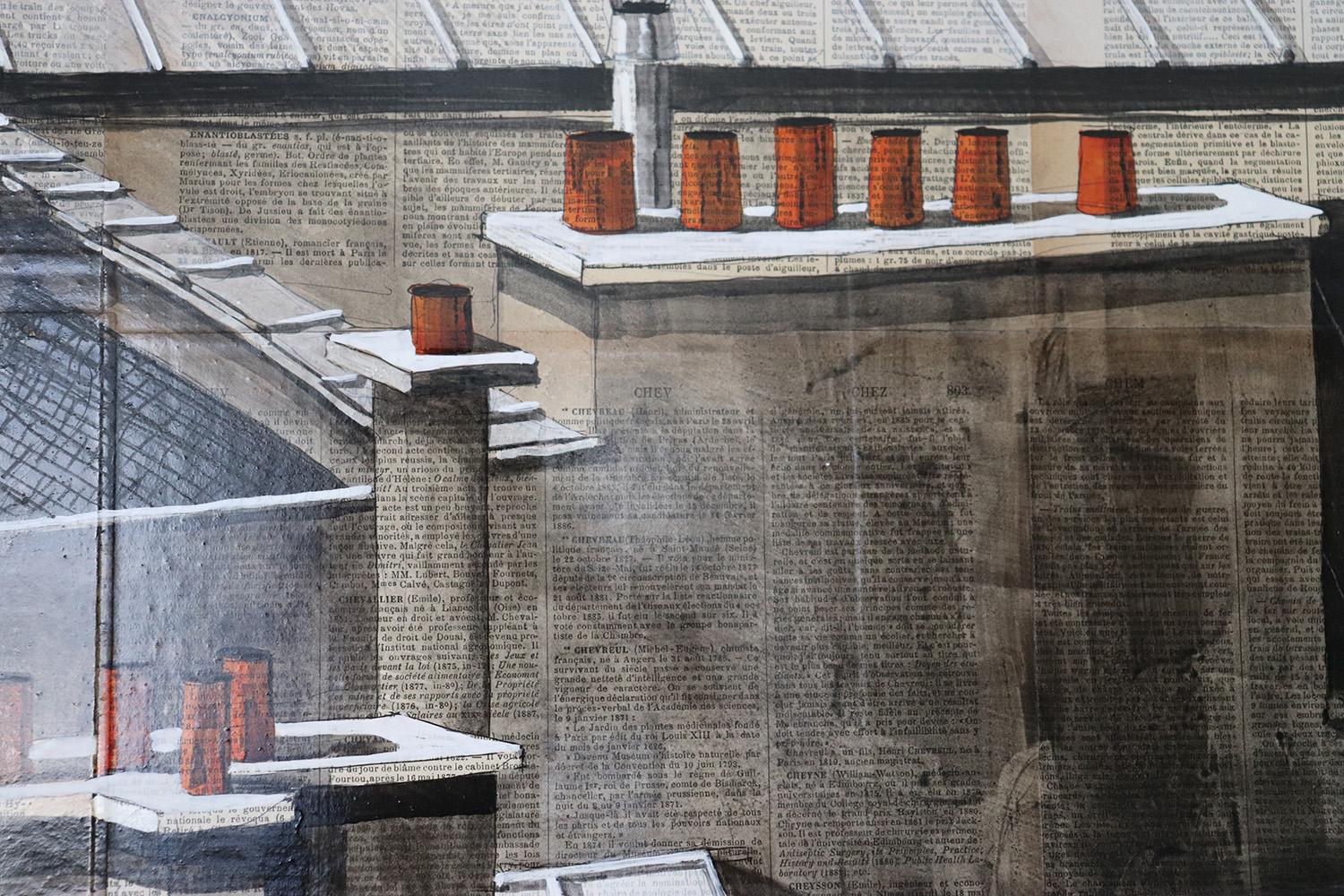 Paris Rooftops I is a unique painting by French contemporary artist Guillaume Chansarel. The painting is made with Ink and acrylic on old book pages mounted on canvas, dimensions are 90 x 90 cm (35.4 × 35.4 in). 
The artwork is signed, sold unframed