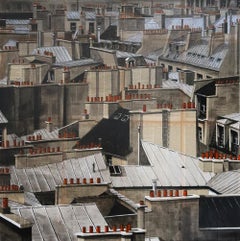 Paris Rooftops I by Guillaume Chansarel - painting on old book pages, cityscape
