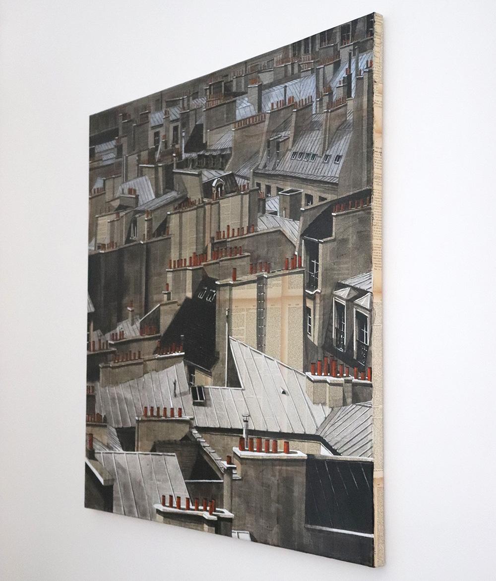 Paris Rooftops I is a unique painting by French contemporary artist Guillaume Chansarel. The painting is made with Ink and acrylic on old book pages mounted on canvas, dimensions are 90 x 90 cm (35.4 × 35.4 in). 
The artwork is signed, sold unframed