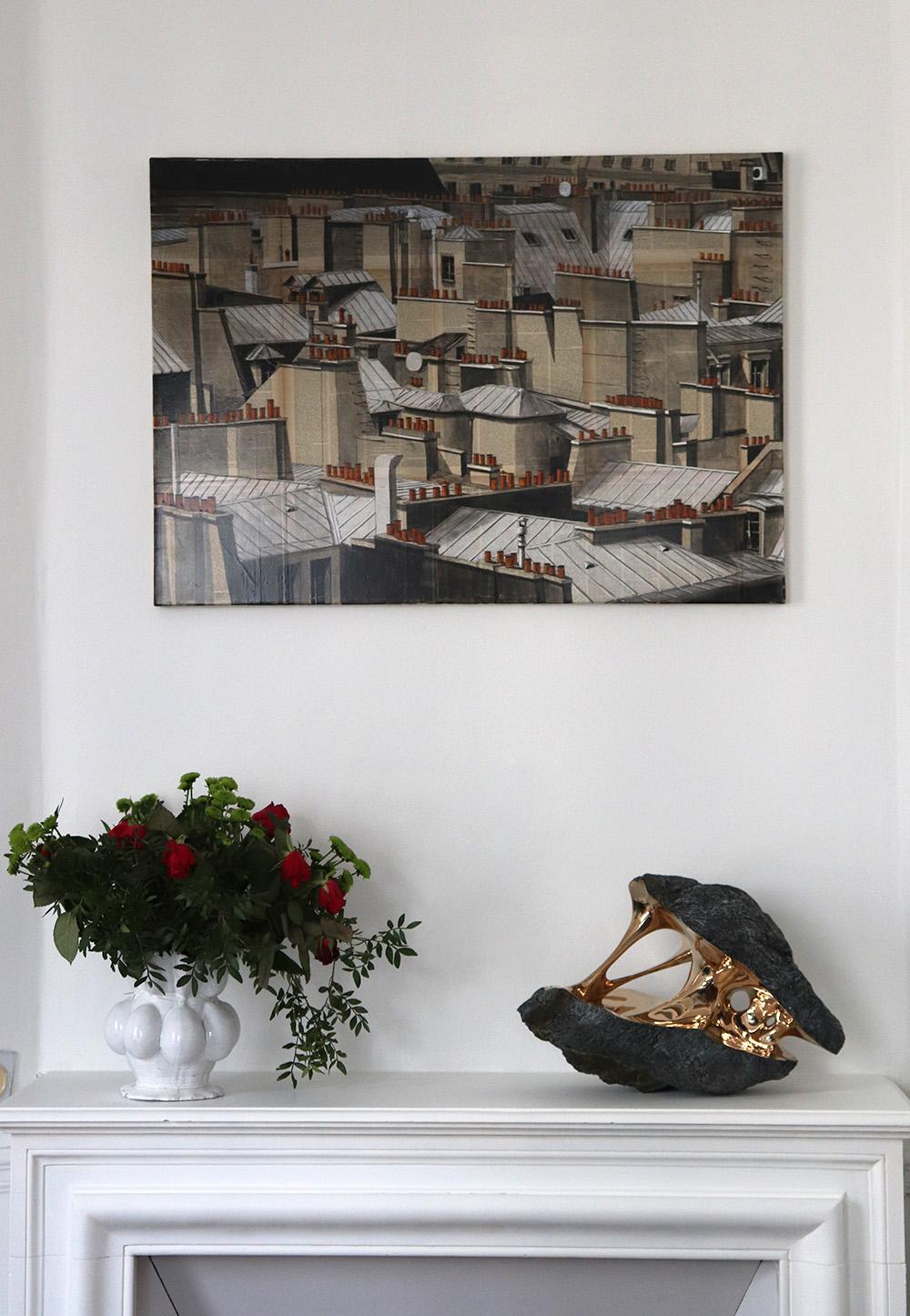 Paris Rooftops II by Guillaume Chansarel - cityscape, painting on old book pages - Painting by Guillaume Chansarel (Guiyome)