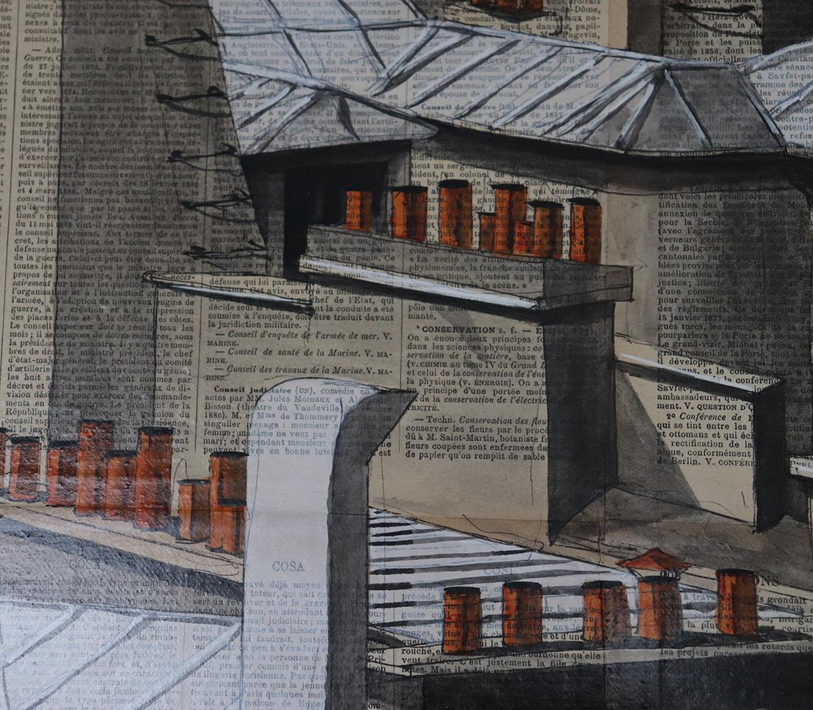 Paris Rooftops II ist ein einzigartiges Gemälde des französischen zeitgenössischen Künstlers Guillaume Chansarel. Das Gemälde ist mit Tusche und Acryl auf alten Buchseiten auf Leinwand gemalt und hat die Maße 65 × 92 cm. 
Das Kunstwerk ist signiert,