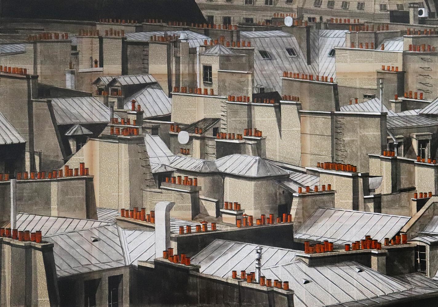 Rooftops II de Guillaume Chansarel - Peinture de paysage urbain, Paris, ville