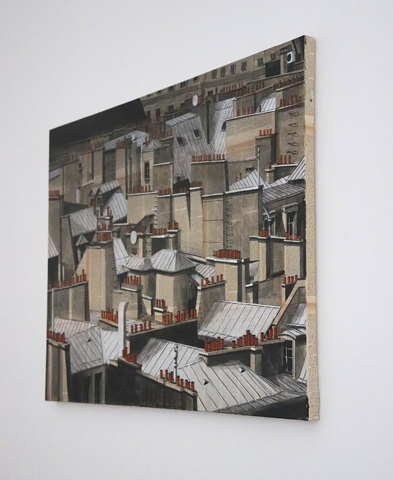Paris Rooftops II is a painting by French contemporary painter Guillaume Chansarel representing a view of Paris. 
Ink and acrylic on old book pages mounted on canvas, H65 x L92 cm.
Through his figurative paintings, Guillaume Chansarel seeks to