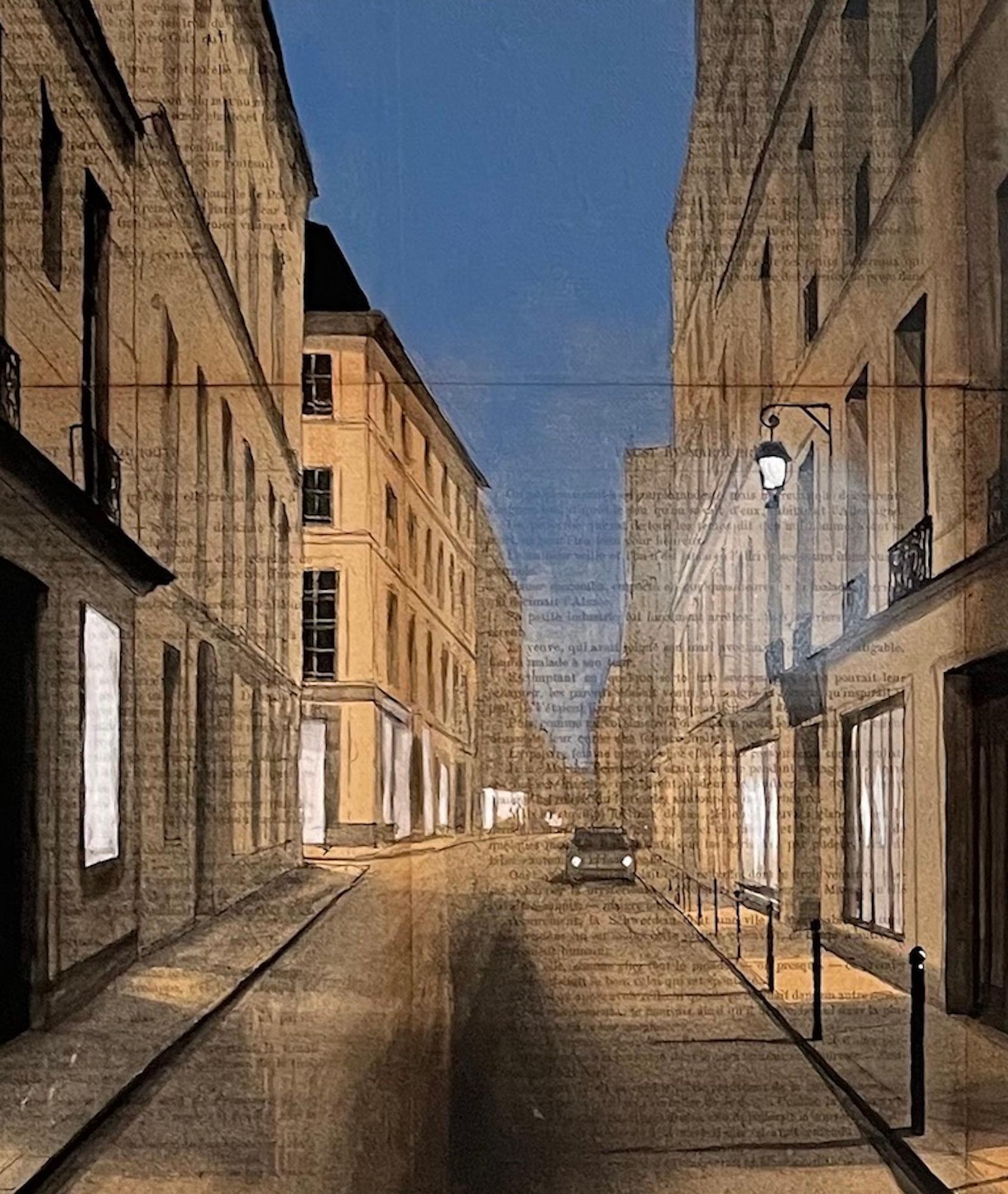 Serge is a unique painting by French contemporary artist Guillaume Chansarel. The painting is made with ink and acrylic on old book pages mounted on canvas, dimensions are 50 × 100 cm (19.7 × 39.4 in). 
The artwork is signed, sold unframed and comes