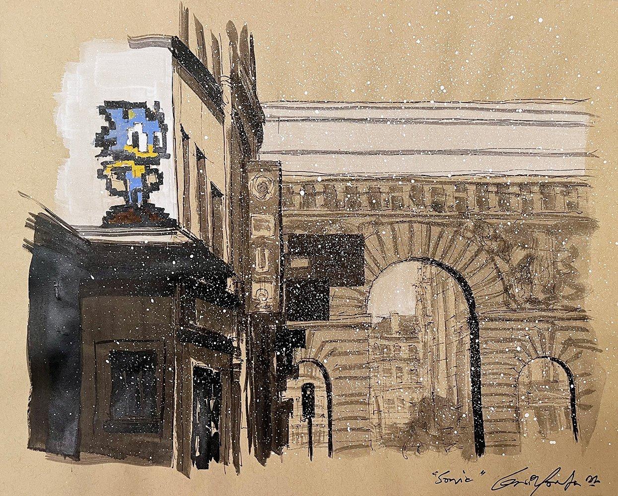 Sonic von Guillaume Chansarel - Stadtlandschaftsmalerei, Paris, Gebäude, Schnee – Painting von Guillaume Chansarel (Guiyome)