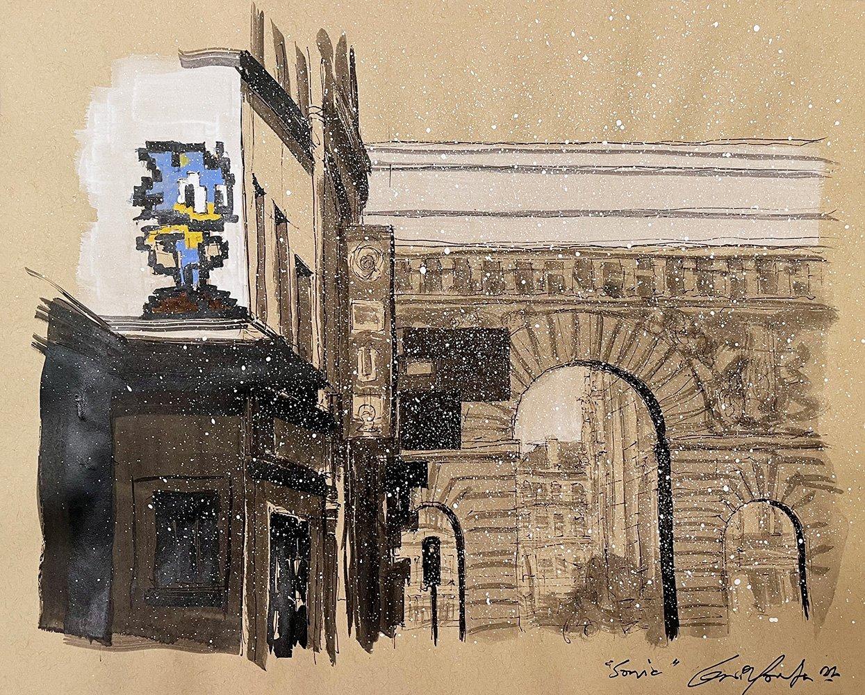 Sonic di Guillaume Chansarel - Pittura di paesaggio urbano, Parigi, edifici, neve - Painting di Guillaume Chansarel (Guiyome)