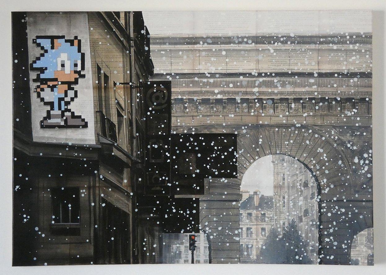 Sonic by Guillaume Chansarel - Urban landscape painting, Paris, buildings, snow - Contemporary Painting by Guillaume Chansarel (Guiyome)