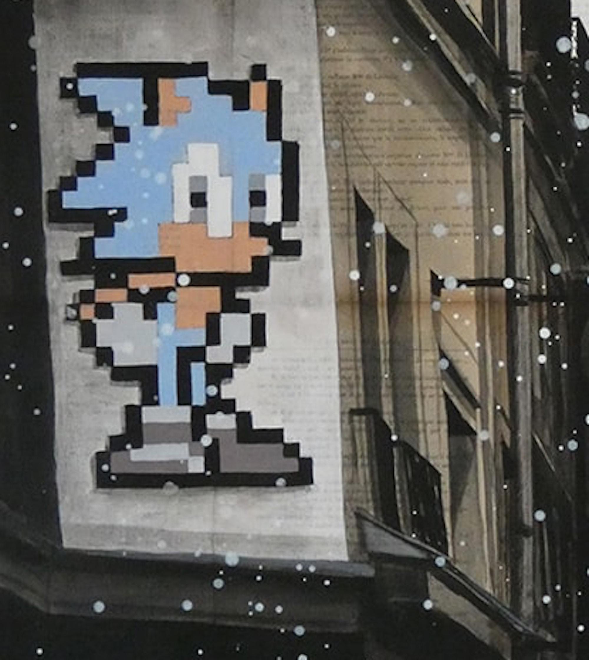 Sonic ist ein einzigartiges Gemälde des zeitgenössischen Künstlers Guillaume Chansarel. Das Gemälde wurde mit Tusche und Acryl auf alten Buchseiten auf Leinwand gemalt und hat die Maße 65 × 92 cm (25,6 × 36,2 in).
Das Kunstwerk ist signiert, wird