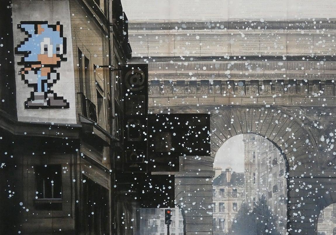 Peinture de paysage urbain, Paris, bâtiments, neige de Guillaume Chansarel