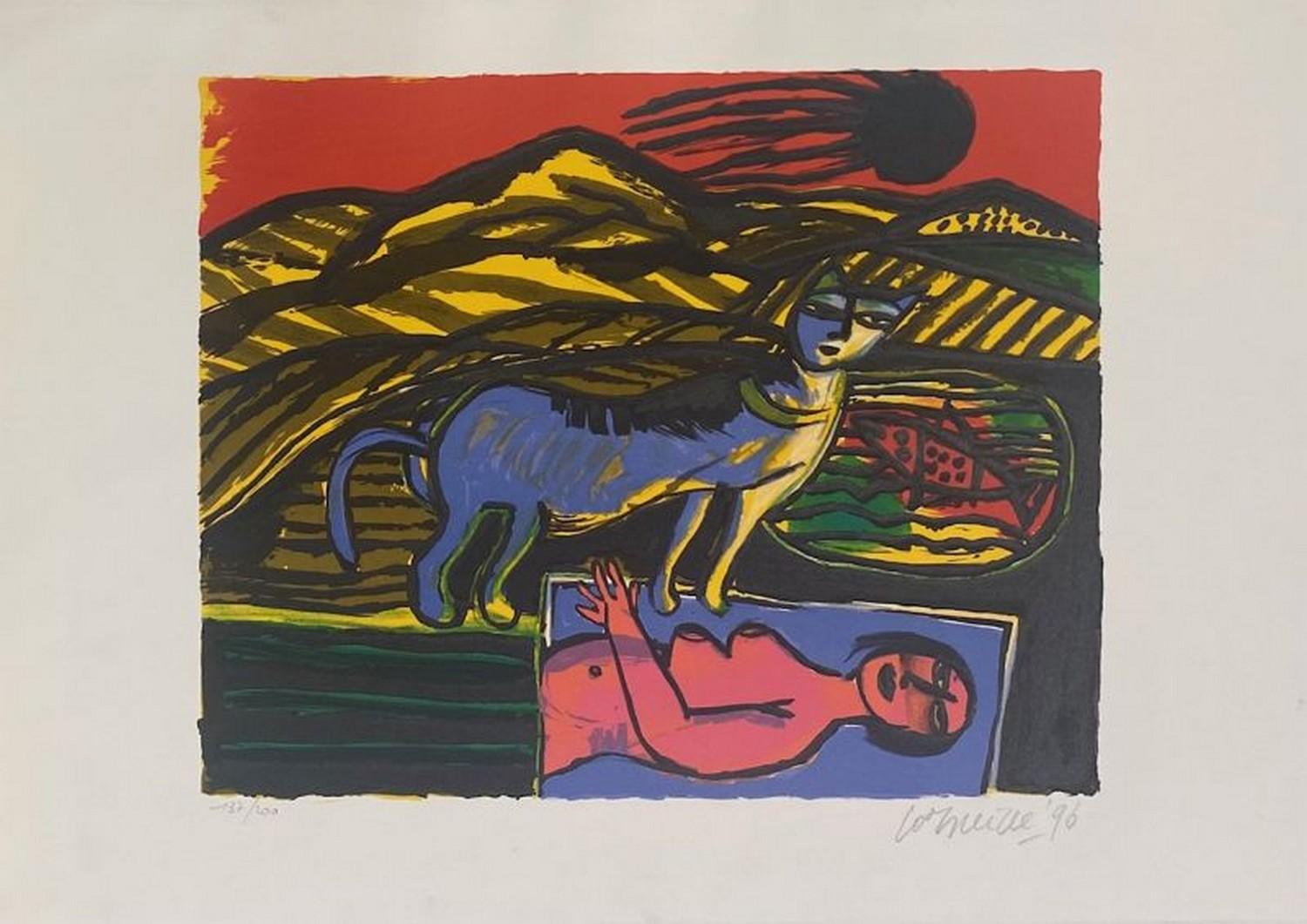 Guillaume Corneille Abstract Print - Blue cat