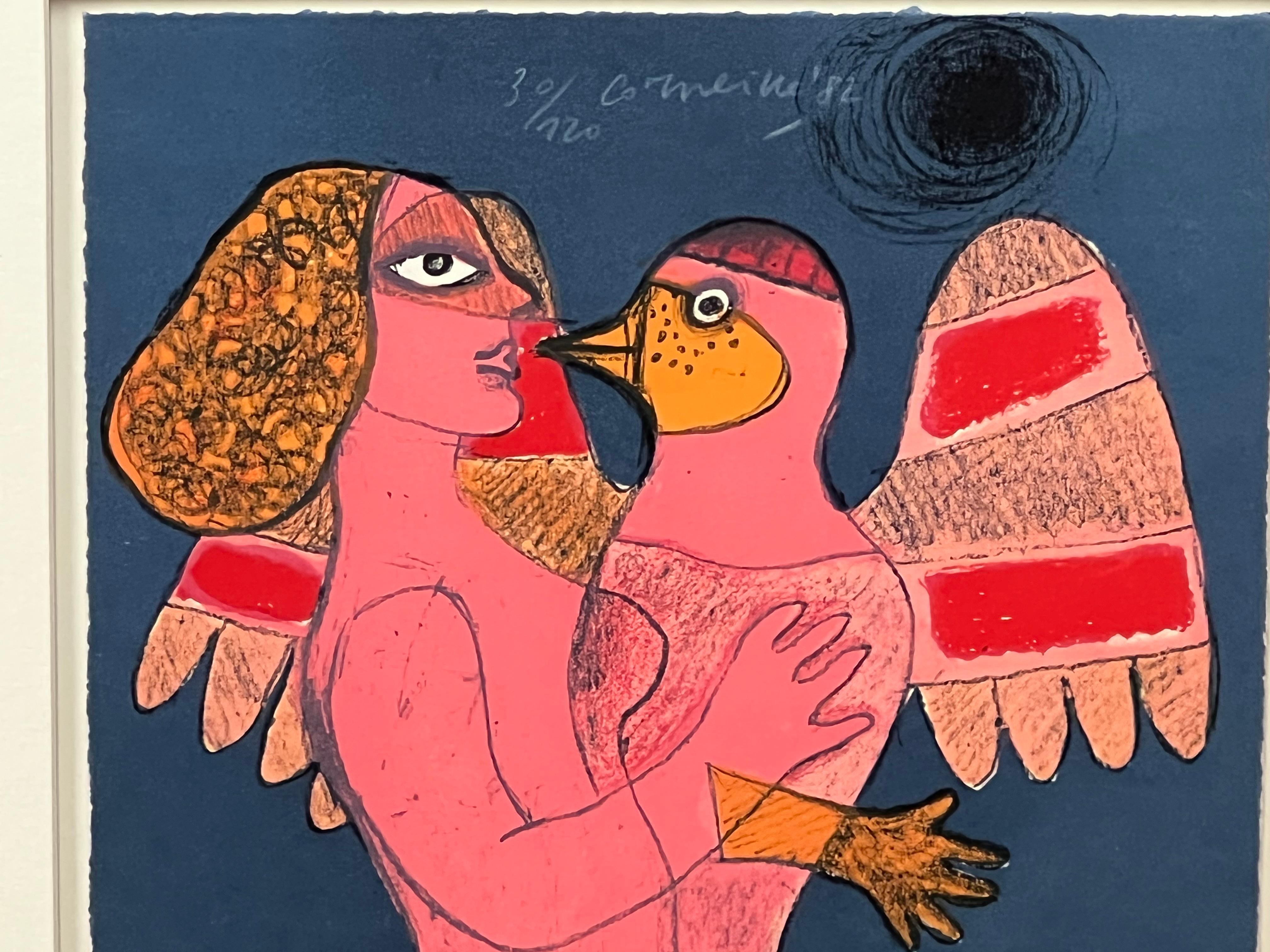 Cette lithographie, ainsi que les trois suivantes, ont été réalisées par l'artiste néerlandais Corneille (1922-2016), qui a créé des peintures lyriques et expressionnistes débordantes de couleurs et qui a été l'un des fondateurs du mouvement