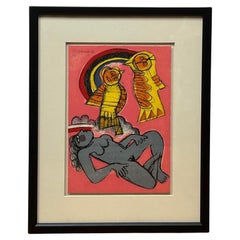 Vintage "Rainbow Birds and Nude" Lithograph by Corneille 