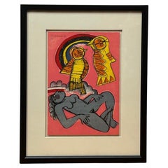 "Rainbow Birds and Nude" Lithograph by Corneille 