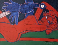 Retro Red Nude and Bird 1981 Signed Limited Edition Lithograph 